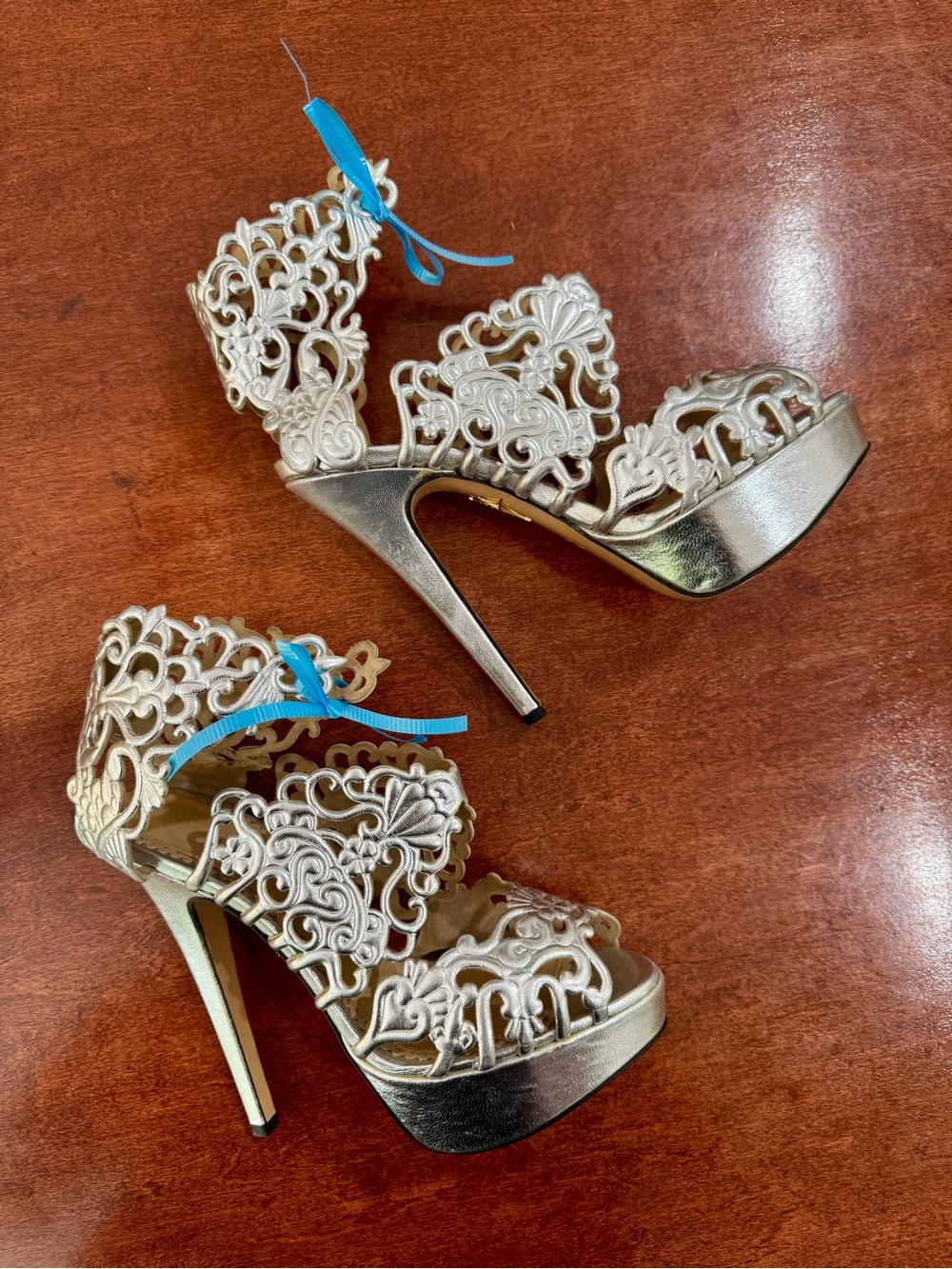Charlotte Olympia Silver Filigree Platform Stiletto Sandals - Picture 6 of 12